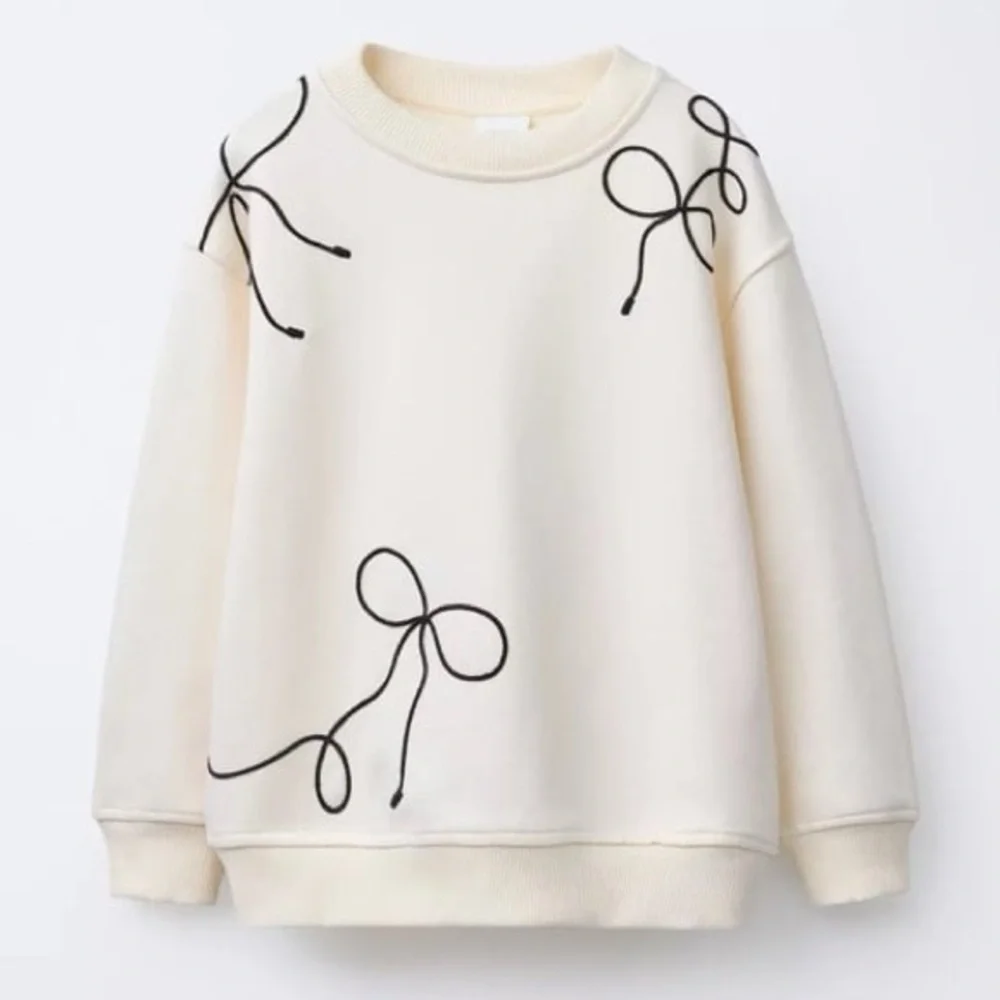 NWT Zara Girls Crewneck Embroidered Bows Pullover Sweatshirt Ivory Sz 11 / 12
